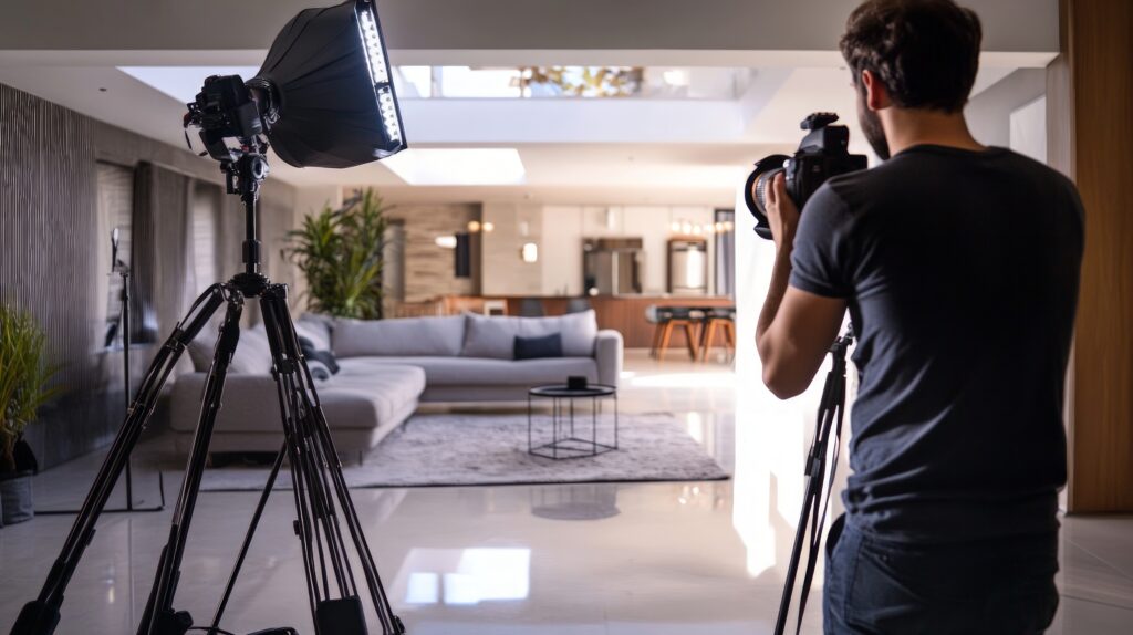photographer setting up lighting and camera for interior photos
