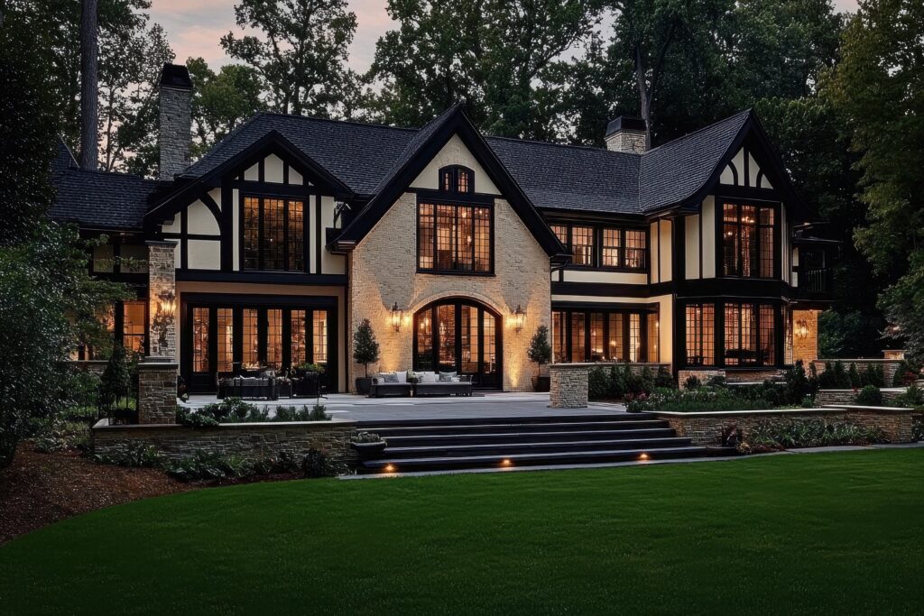 Charming Tudor style home with  beautiful landscaping and lights on