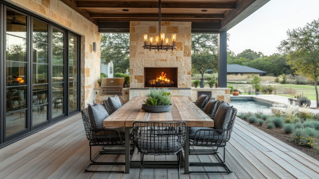 Beautiful outdoor patio with stone fireplace, wood decking and outdoor table and chairs. 