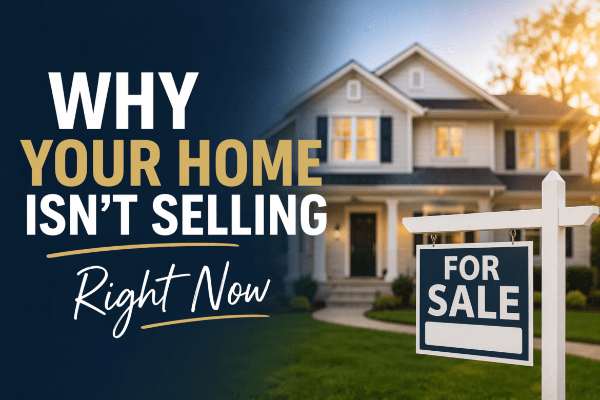 Real estate infographic explaining why homes aren’t selling in today’s market, including pricing strategy, competition, and online listing visibility.